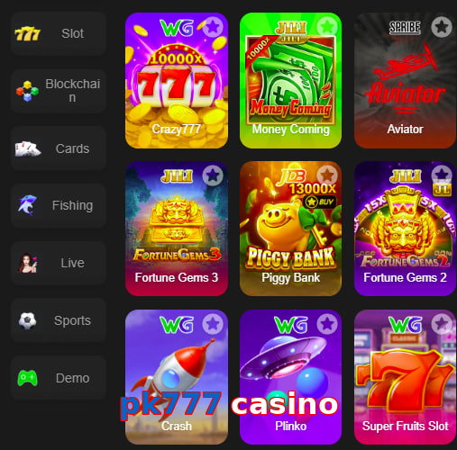 Main screen of Pk777 Casino game page for PK players